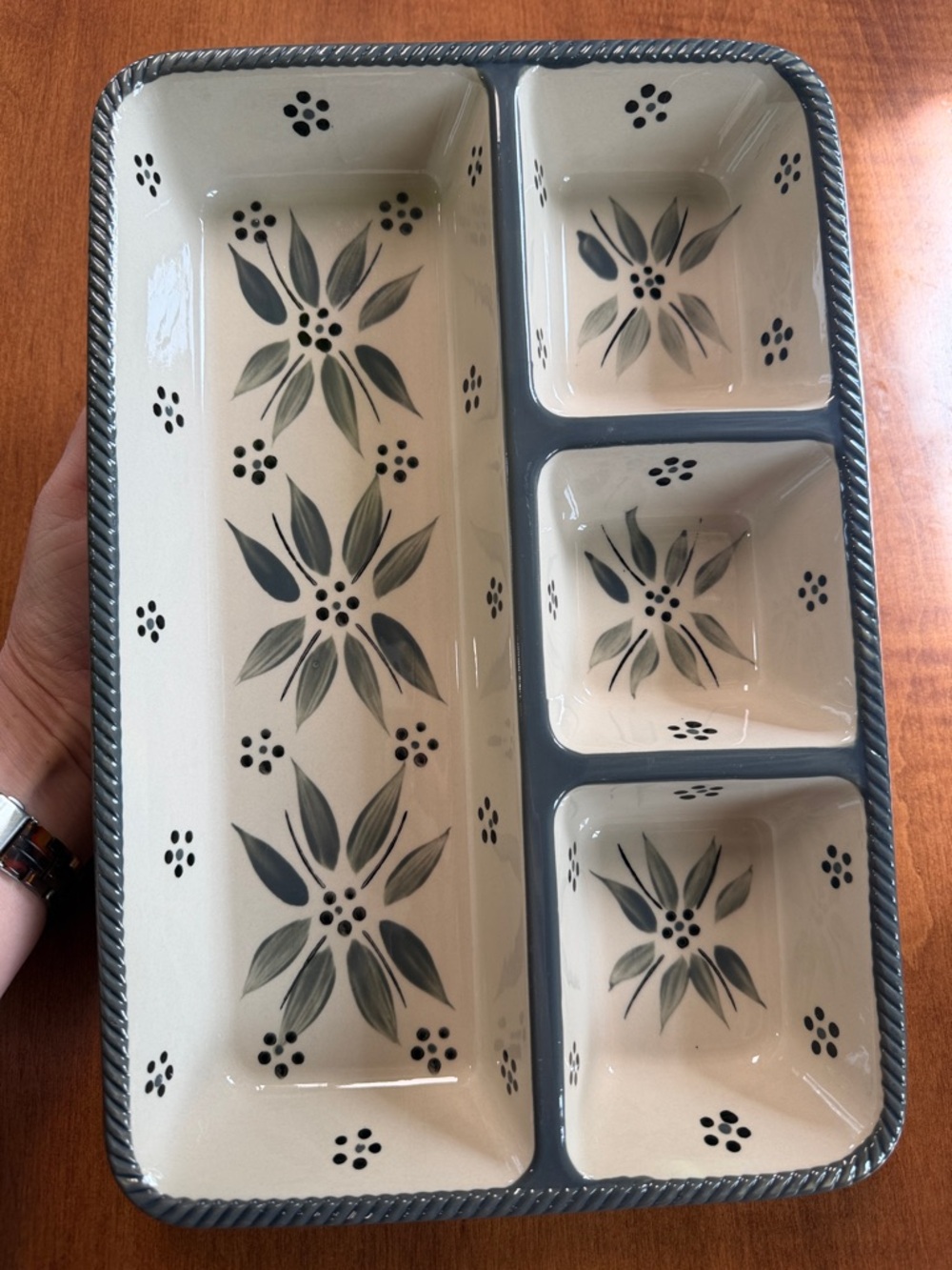 Temp-Tations Old World Gray Ceramic Divided Serving Tray